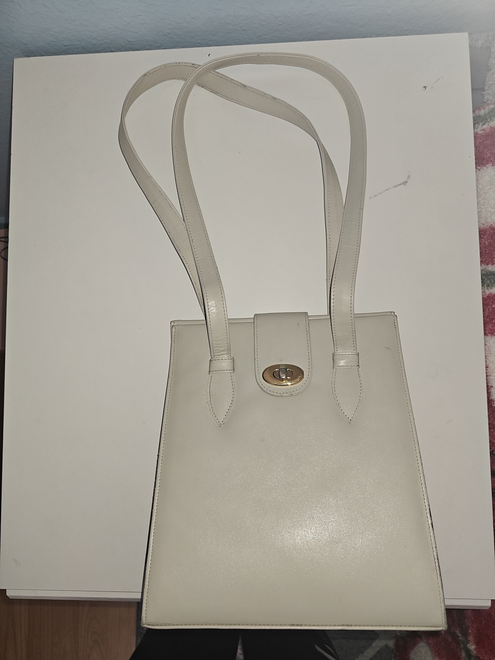 Cream Leather Structured Top-Handle Bag with Gold Turn-Lock - Picture 9 of 9